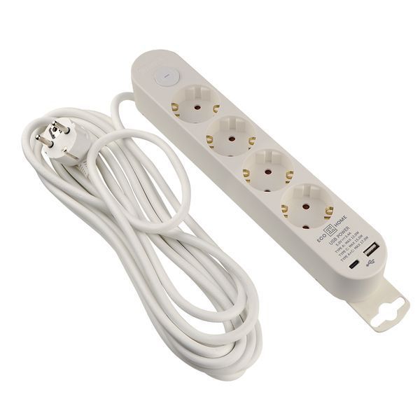 Подовжувач побутовий 4 гн. 5 м з з/к, USB + Type C, білий серії Ornat ECO019001006 фото