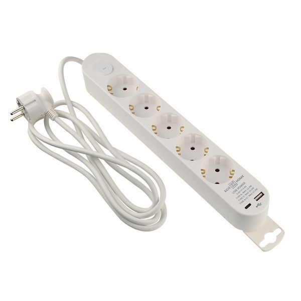 Подовжувач побутовий 5 гн. 2 м з з/к, USB + Type C, білий серії Ornat ECO019001007 фото