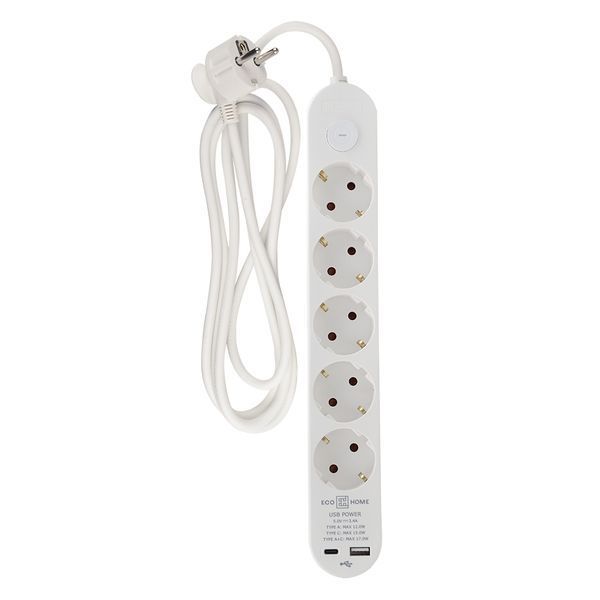 Подовжувач побутовий 5 гн. 2 м з з/к, USB + Type C, білий серії Ornat ECO019001007 фото