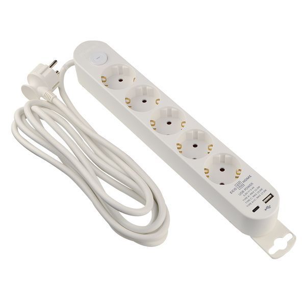 Удлинитель бытовой 5 гн. 3 м с з/к, USB + Type C, белый серии Ornat ECO019001008 фото