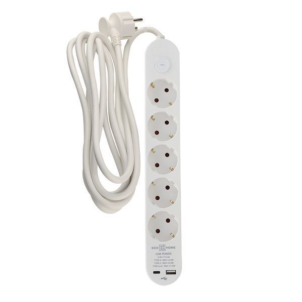 Удлинитель бытовой 5 гн. 3 м с з/к, USB + Type C, белый серии Ornat ECO019001008 фото