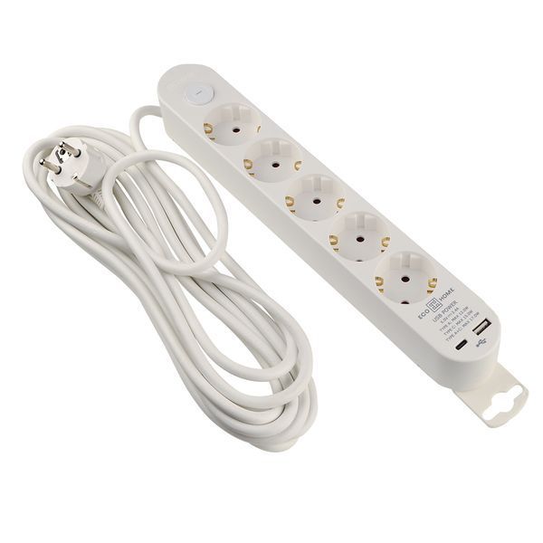 Подовжувач побутовий 5 гн. 5 м з з/к, USB + Type C, білий серії Ornat ECO019001009 фото