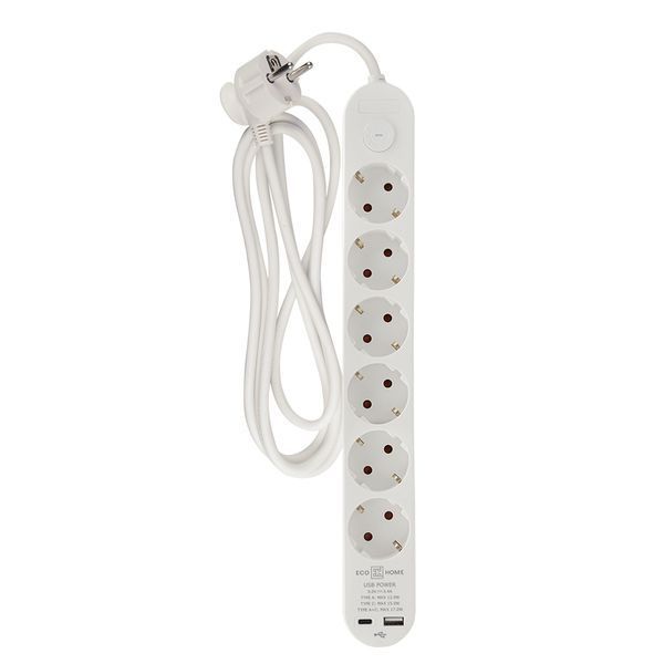 Подовжувач побутовий 6 гн. 2 м з з/к, USB + Type C, білий серії Ornat ECO019001010 фото