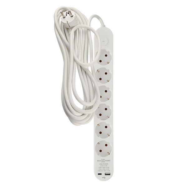 Удлинитель бытовой 6 гн. 5 м с з/к, USB + Type C, белый серии Ornat ECO019001012 фото