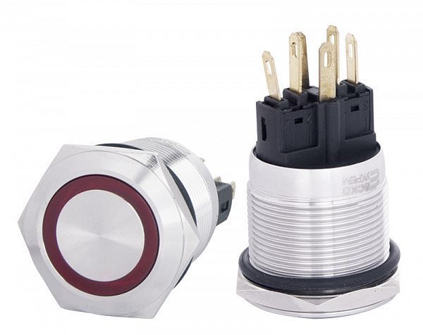 TYJ 22-271 Кнопка металлическая плоская с подсветкой, 1NO+1NC, красная 220V A0140010133 фото