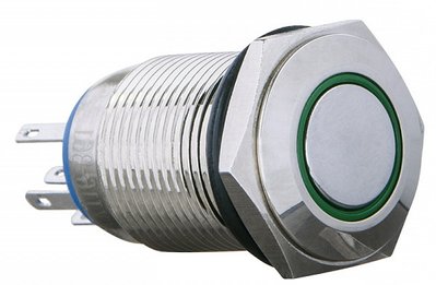 TYJ 16-361 Кнопка металлическая плоская с фиксацией. 1NO+1NC, с подсветкой, зеленая 220V A0140010099 фото