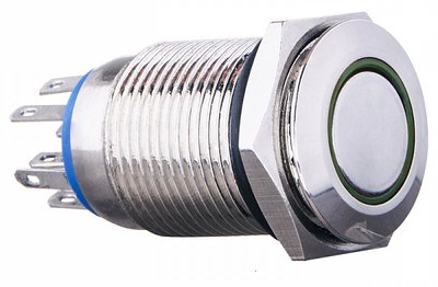 TYJ 16-362 Кнопка металлическая плоская с фиксацией. 2NO+2NC, с подсветкой, зеленая 220V A0140010102 фото