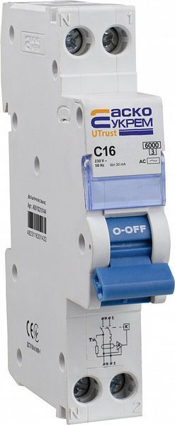 UTrust 1P+N (18 mm) 16А C 30мА AC Пристрій захисного відключення з захистом від надструмів A0010210144 фото