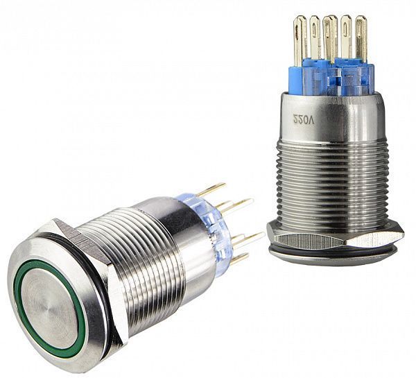 TYJ 19-272 Кнопка металева пласка з підсвічуванням, 2NO+2NC, зелена 220V A0140010116 фото