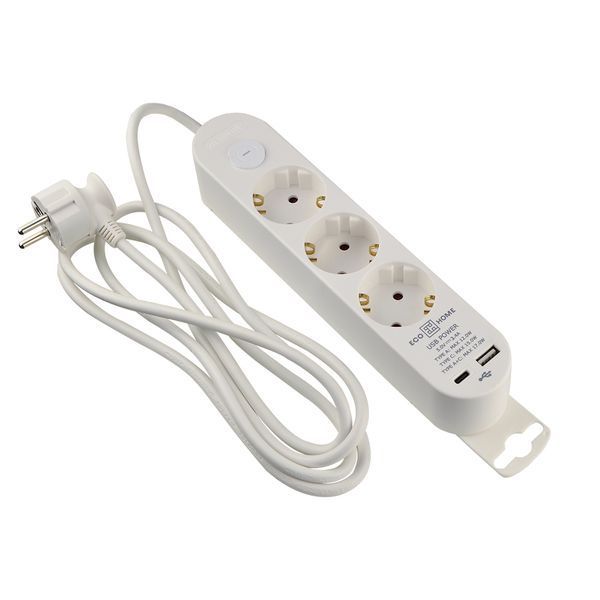 Подовжувач побутовий 3 гн. 2 м з з/к, USB + Type C, білий серії Ornat ECO019001001 фото