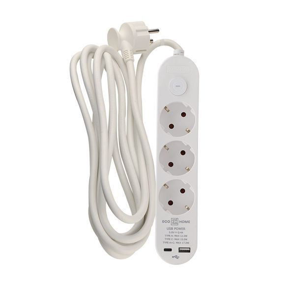 Удлинитель бытовой 3 гн. 3 м с з/к, USB + Type C, белый серии Ornat ECO019001002 фото