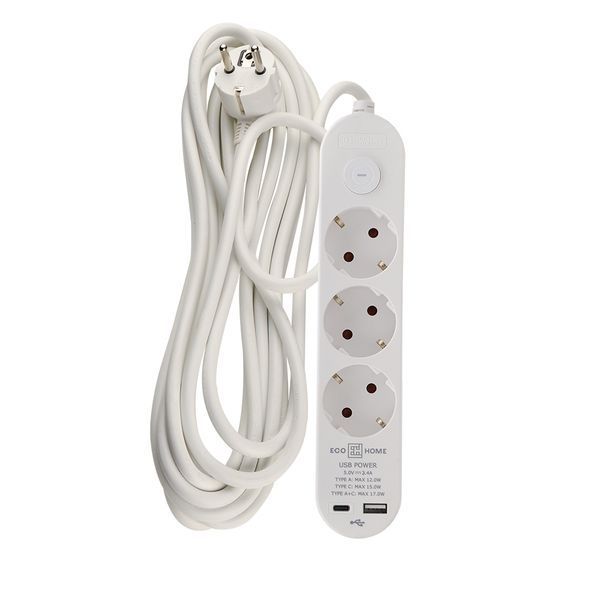 Удлинитель бытовой 3 гн. 5 м с з/к, USB + Type C, белый серии Ornat ECO019001003 фото
